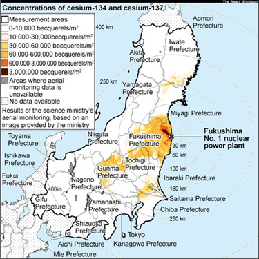 Map or contamination after the Fukushima disaster for 2011 November 11 by [2]